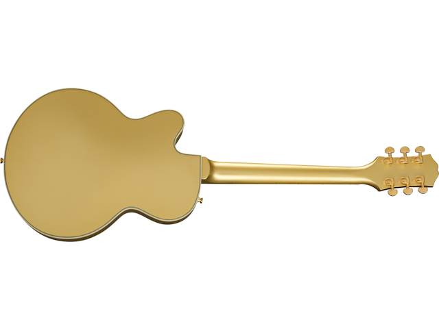 Gold-finished electric guitar shown from the back, with a single-cutaway body and six tuning pegs on the headstock.