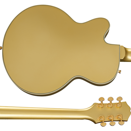 Gold electric guitar shown from the back, highlighting a single cutaway body, matching gold neck, and six gold tuning pegs.