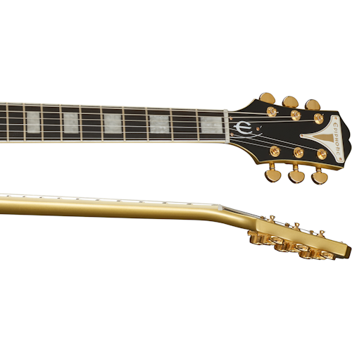 Black and gold electric guitar headstock and neck with rectangular inlays and gold tuning pegs, Epiphone branding visible.