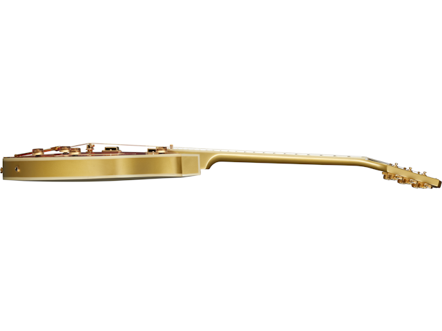 Gold electric guitar shown from the side, highlighting its contoured body, flat front, and long neck with tuning pegs visible at the far end.