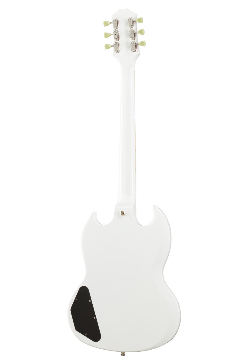 White electric guitar shown from the back, solid body with double cutaways and a black electronics cover on the lower left side.