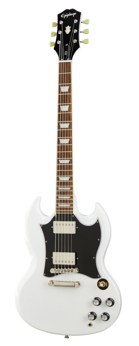 White electric guitar with double-cutaway body, black pickguard, two humbucker pickups, four control knobs, and Epiphone branding on the headstock.