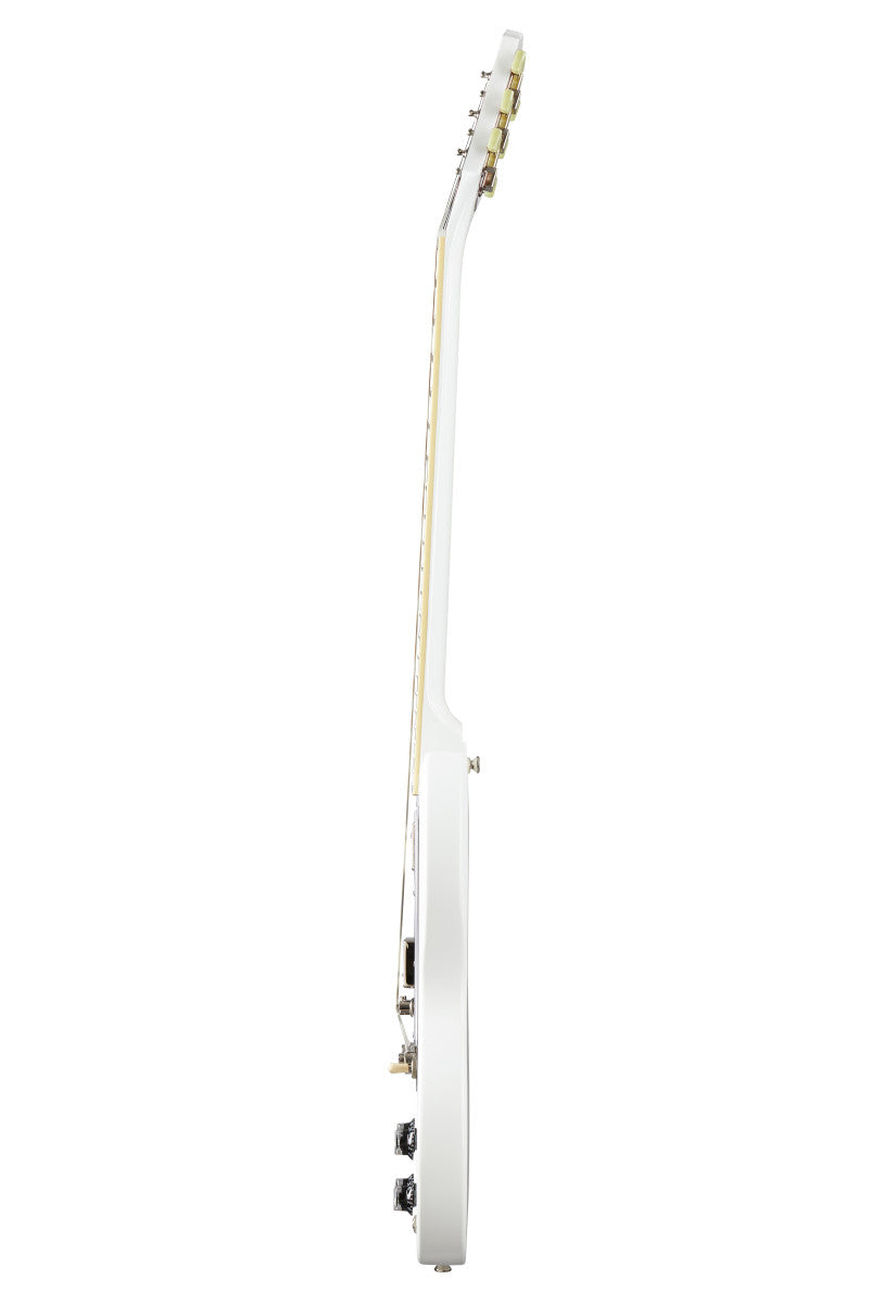White electric guitar viewed directly from the side, showing tuning pegs, neck, and control knobs in a narrow vertical profile.