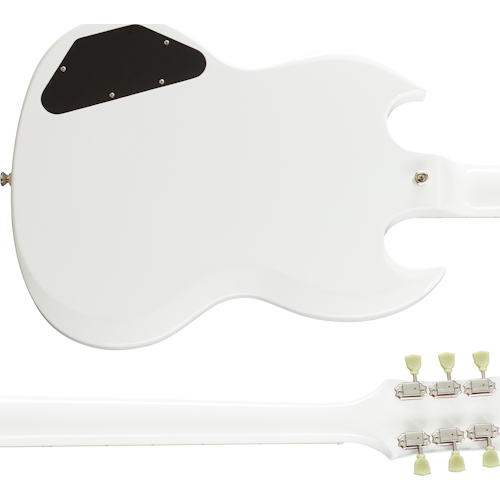 White electric guitar shown from the back, with a black control panel cover and six tuning pegs on the headstock.