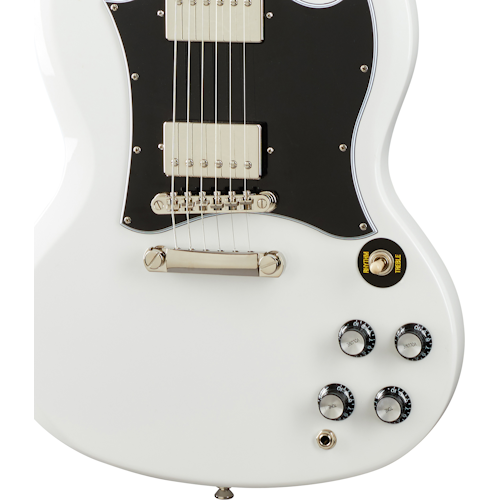 White electric guitar body with black pickguard, four control knobs, a three-way switch, two pickups, and a metal bridge.