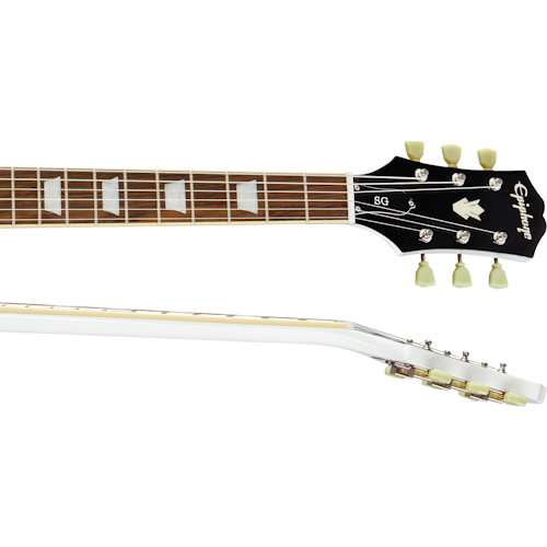 Two views of an electric guitar neck showing a rosewood fretboard with rectangular inlays and a black headstock labeled Epiphone with six tuning pegs.