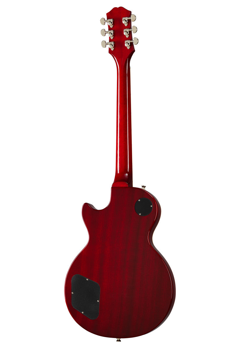 Back view of a red electric guitar with a single cutaway, six tuning pegs, and two black plastic access plates on the body.
