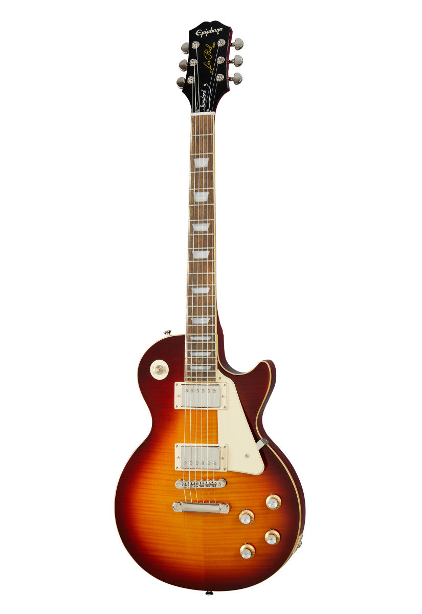 Sunburst finish electric guitar with a single cutaway, two humbucker pickups, four control knobs, and a white pickguard.