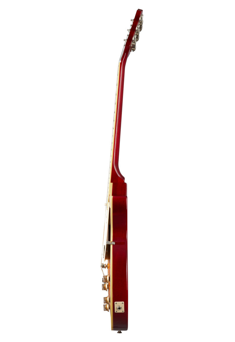 Electric guitar shown from the side, revealing a glossy red finish, control knobs, and tuning pegs visible along the length of the neck.