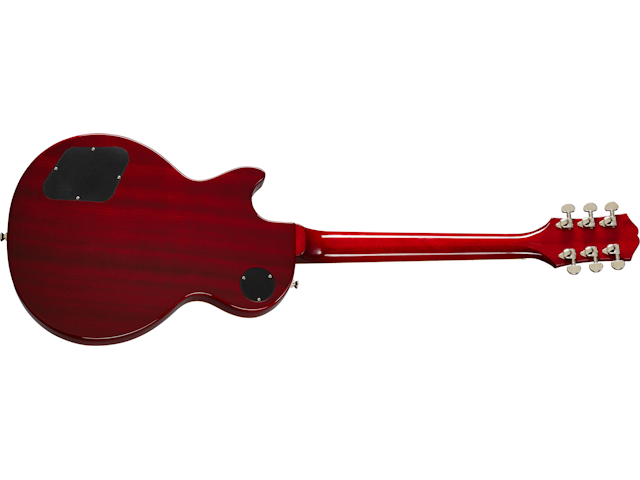 Glossy cherry-red electric guitar shown from the back, revealing the control cavity covers and tuning pegs.