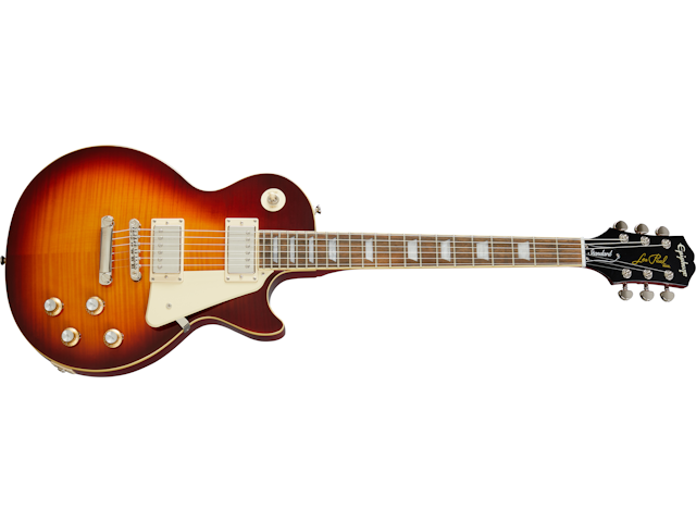 Sunburst electric guitar with a single cutaway body, cream pickguard, two humbucker pickups, four control knobs, and block inlays on the fretboard.