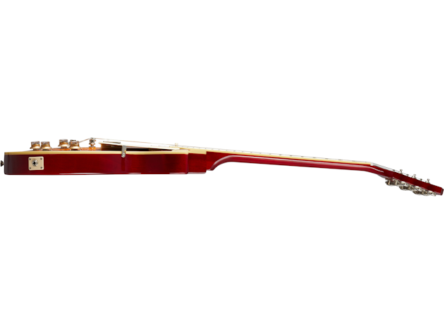 Side view of a red electric guitar showing the body, angled neck, and tuning pegs, with visible control knobs and input jack.