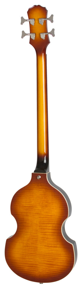 Sunburst-finish electric bass seen from the back, with a violin-style rounded body and four tuning pegs on the headstock.