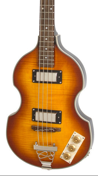 Sunburst-finish electric bass with violin-shaped body, four strings, two rectangular pickups, three gold knobs, and a silver tailpiece.