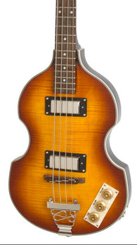 Sunburst-finish electric bass with violin-shaped body, four strings, two rectangular pickups, three gold knobs, and a silver tailpiece.