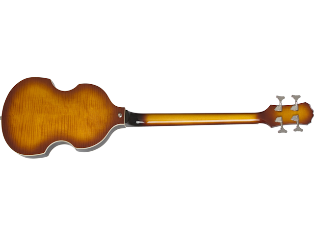Sunburst finish electric bass viewed from the back, showing a violin-shaped body, smooth wood grain, and four tuning pegs on the headstock.