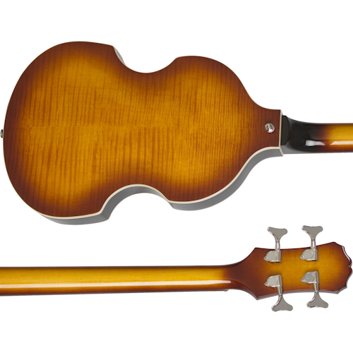 Sunburst electric bass guitar shown from the back, with a rounded body, visible wood grain, cream binding, and four tuning pegs on the headstock.
