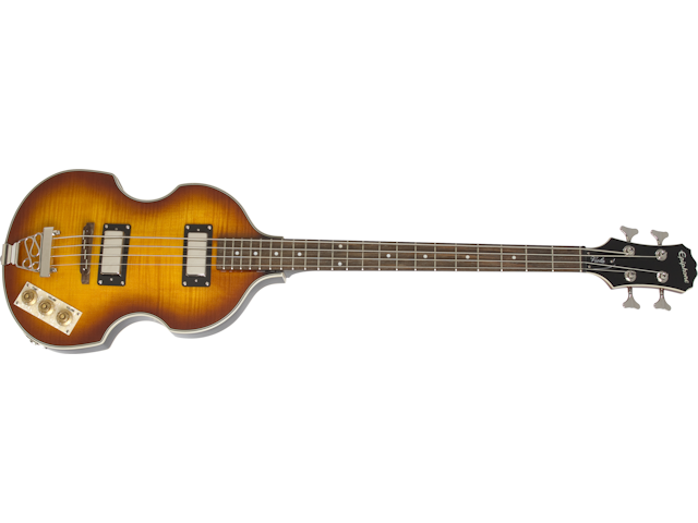 Sunburst finish violin-style electric bass guitar with two pickups, four strings, and a control panel with three gold knobs on the lower left body.