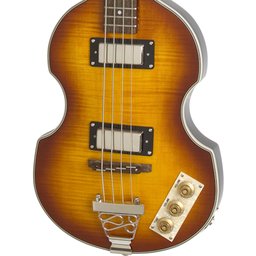 Sunburst-finish electric bass with a violin-shaped body, two pickups, four control knobs on a diagonal panel, and four strings.