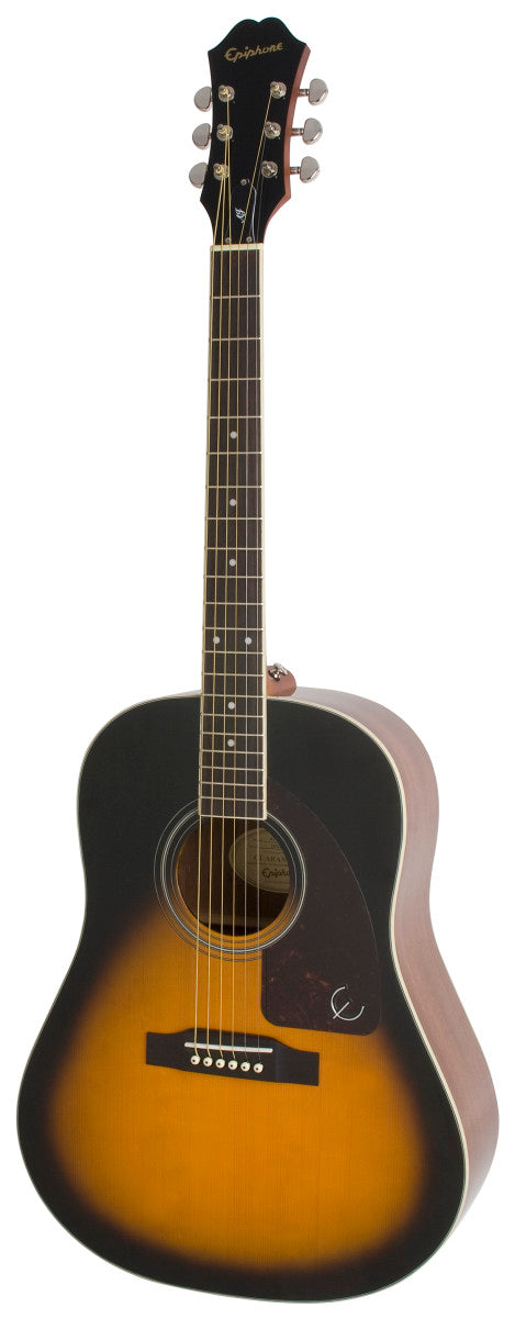 Epiphone acoustic guitar with a sunburst finish, dark edges fading to amber center, six strings, pickguard, and white dot inlays on the fretboard.
