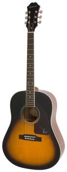 Epiphone acoustic guitar with a sunburst finish, dark edges fading to amber center, six strings, pickguard, and white dot inlays on the fretboard.