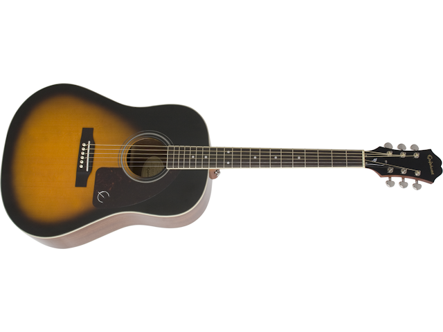 Sunburst finish acoustic guitar with a rounded body, six strings, dark edges, lighter center, and a black pickguard below the sound hole.