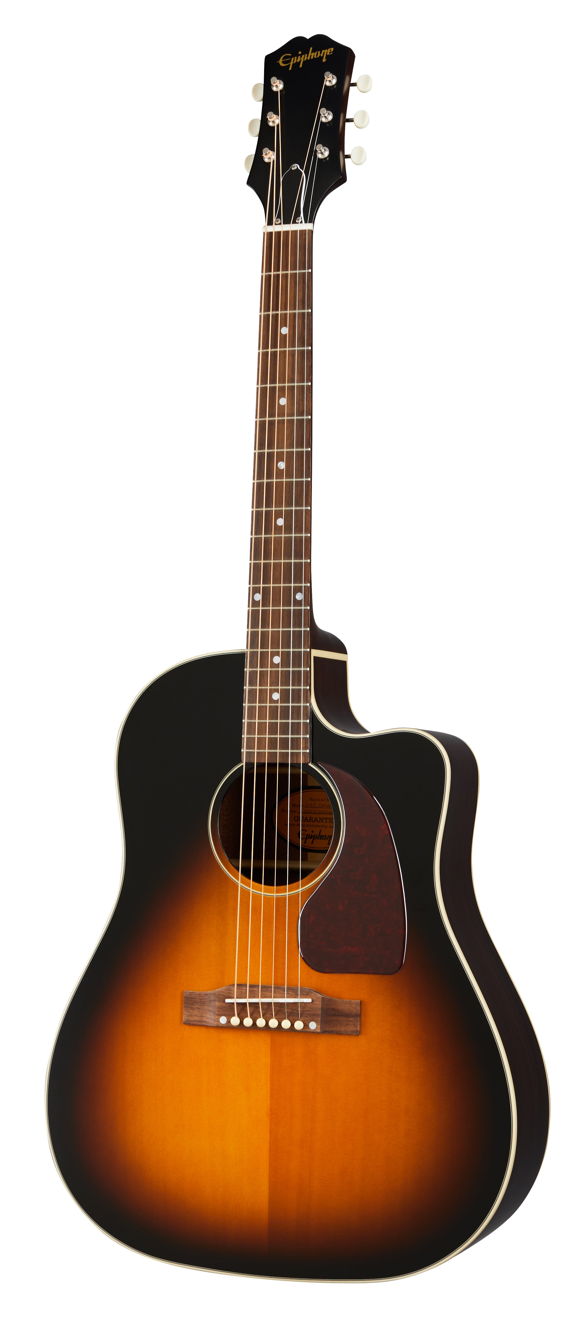 Epiphone acoustic guitar with a sunburst finish, cutaway body, six strings, and dot inlays on the fretboard.