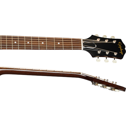 The neck and headstock of an Epiphone acoustic guitar, showing six tuning pegs and fretboard with dot inlays.