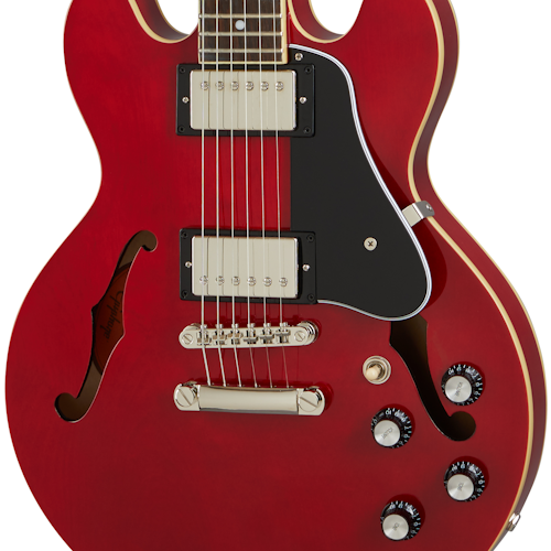 Red semi-hollow electric guitar with two humbucker pickups, f-holes, four control knobs, a black pickguard, and metallic bridge hardware.
