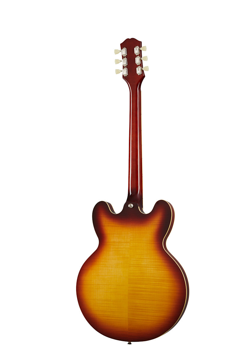 Epiphone semi-hollow guitar with a sunburst finish shown from the back, highlighting the curved double-cutaway body and six tuning pegs.