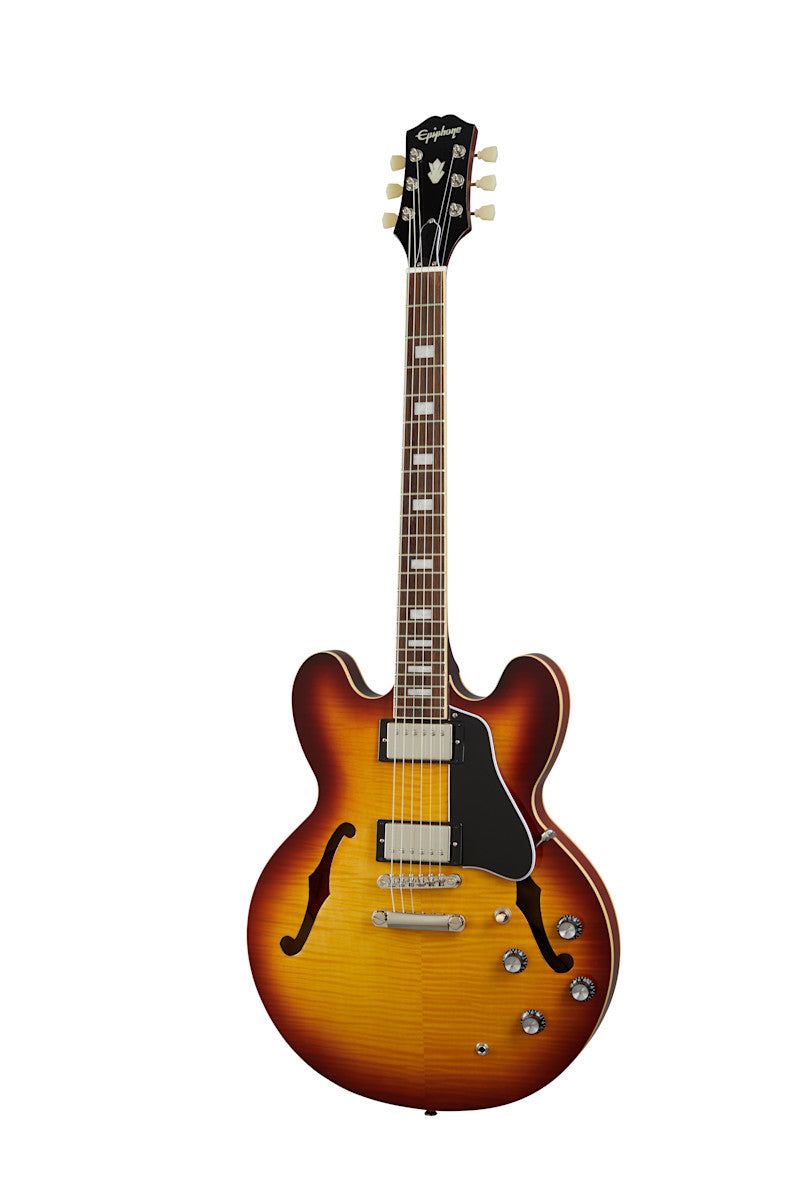Epiphone semi-hollow electric guitar with a sunburst finish, two humbucker pickups, four control knobs, and f-shaped sound holes.