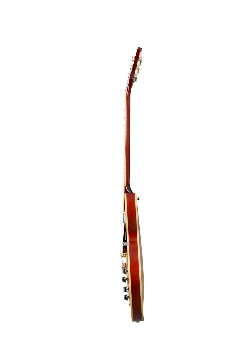 Epiphone guitar shown from the side, highlighting its slim body and neck with tuning pegs visible, finished in a reddish-brown sunburst color.