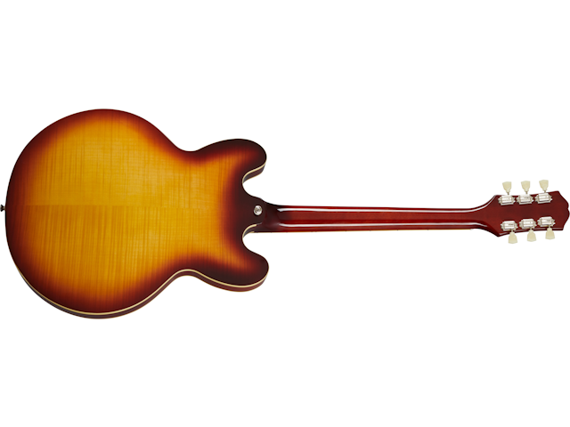 The back of an Epiphone semi-hollow electric guitar with a glossy sunburst finish and cream binding, showing six tuning pegs on the headstock.