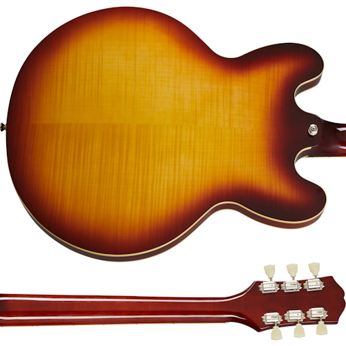 Epiphone guitar with a sunburst finish, flamed maple back, cream binding, and cherry red neck; six tuning pegs visible.