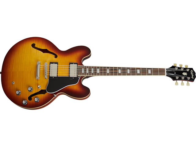 Epiphone semi-hollow electric guitar with a sunburst finish, two humbucker pickups, four control knobs, and f-shaped sound holes.