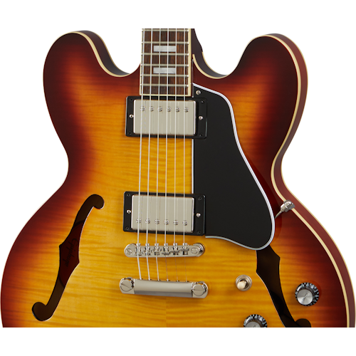 Sunburst Epiphone semi-hollow electric guitar with dual humbucker pickups, f-holes, black pickguard, and four control knobs.