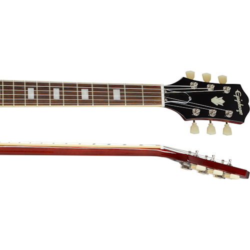 Epiphone guitar neck and headstock, dark fretboard with rectangular inlays, six tuning pegs, and the Epiphone logo on the black headstock.