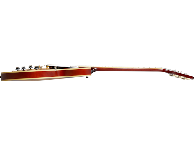 Epiphone guitar shown from the side, highlighting the thin, glossy brown body and long neck with tuning pegs visible at each end.