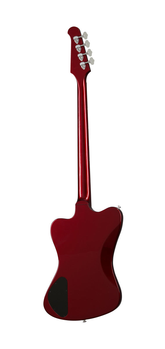 Glossy red electric bass shown from the back, featuring four tuning pegs and a black plastic cover near the lower edge of the body.