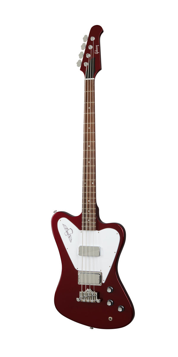 Red electric bass with a white pickguard, two pickups, four strings, chrome tuning pegs, and a unique angular body shape.