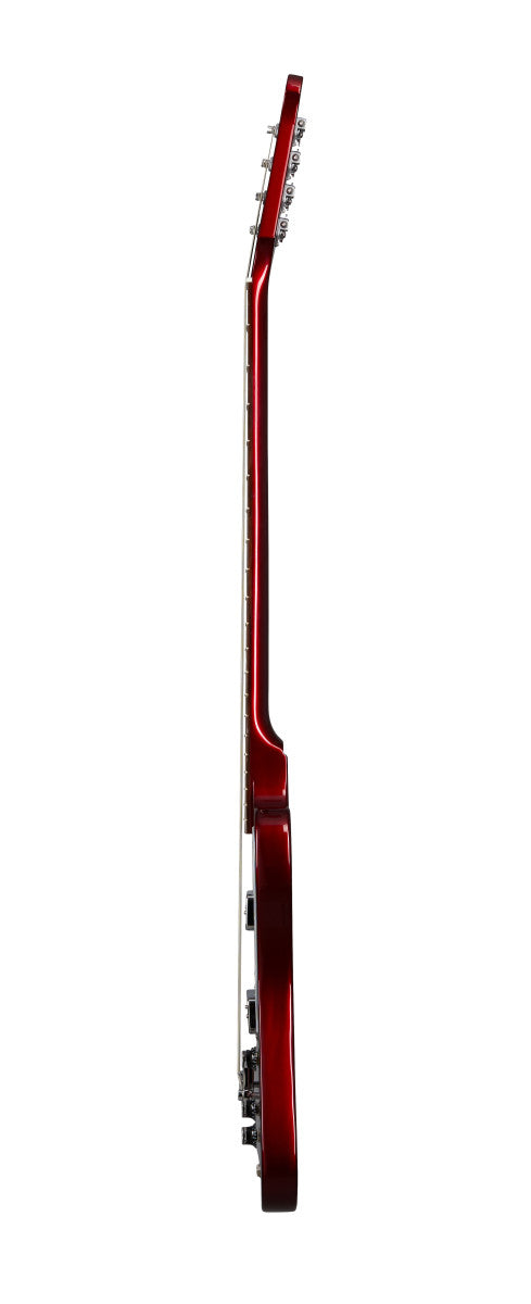 Side view of a red electric bass showing its slim body, neck, and tuning pegs, with control knobs and strings visible along the edge.