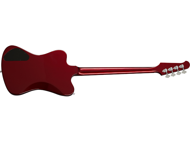 Glossy red electric bass shown from the back, featuring an offset body, four tuning pegs, and a black electronics cover on the body.