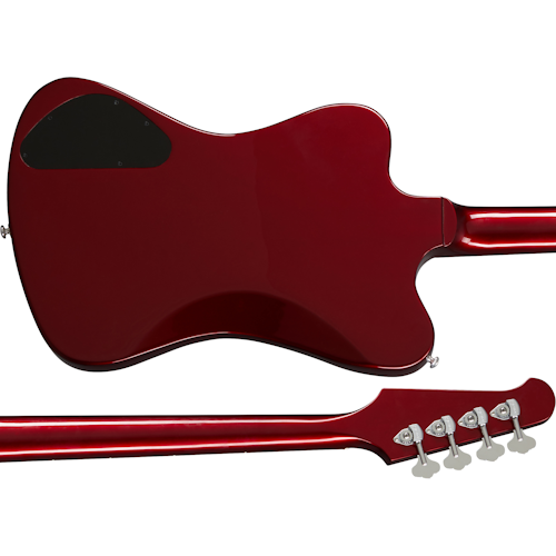 Glossy red electric bass shown from the back, featuring a large black control panel and four tuning pegs on the headstock.