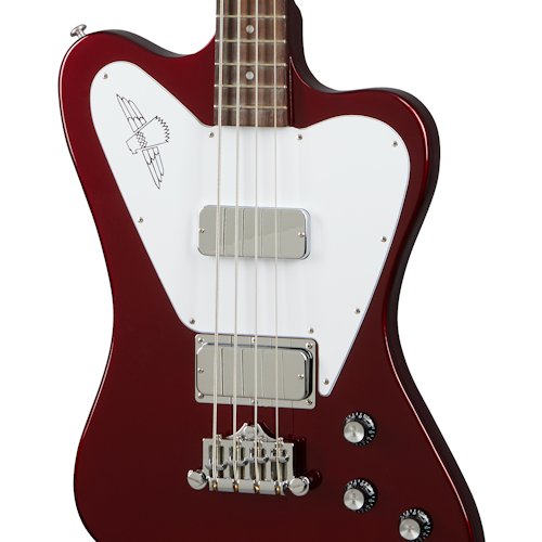Deep red electric bass with a white pickguard, two chrome pickups, three control knobs, and a graphic of a bird with spread wings on the pickguard.