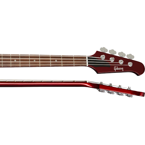 Red electric bass neck and headstock with four tuning pegs and white fret markers, featuring the Gibson logo on the head.