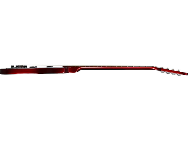 Side profile of a red electric bass, showing the body, long neck with frets, and tuning pegs, all aligned horizontally.