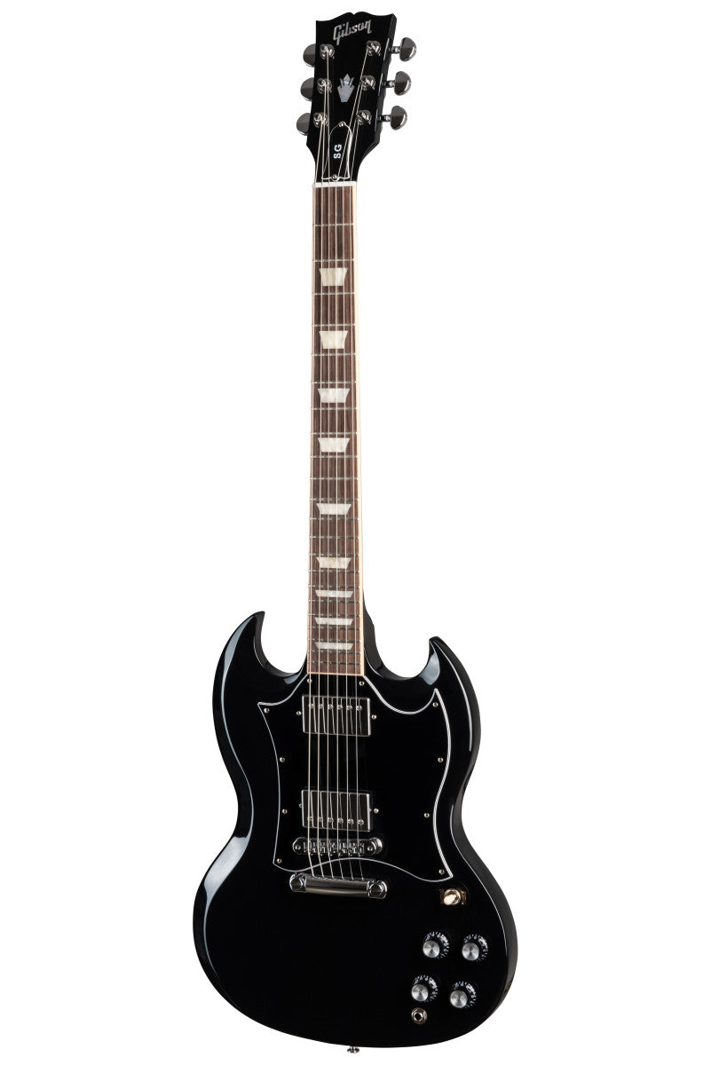 Black Gibson electric guitar with double cutaway body, chrome hardware, two humbucker pickups, and four control knobs.
