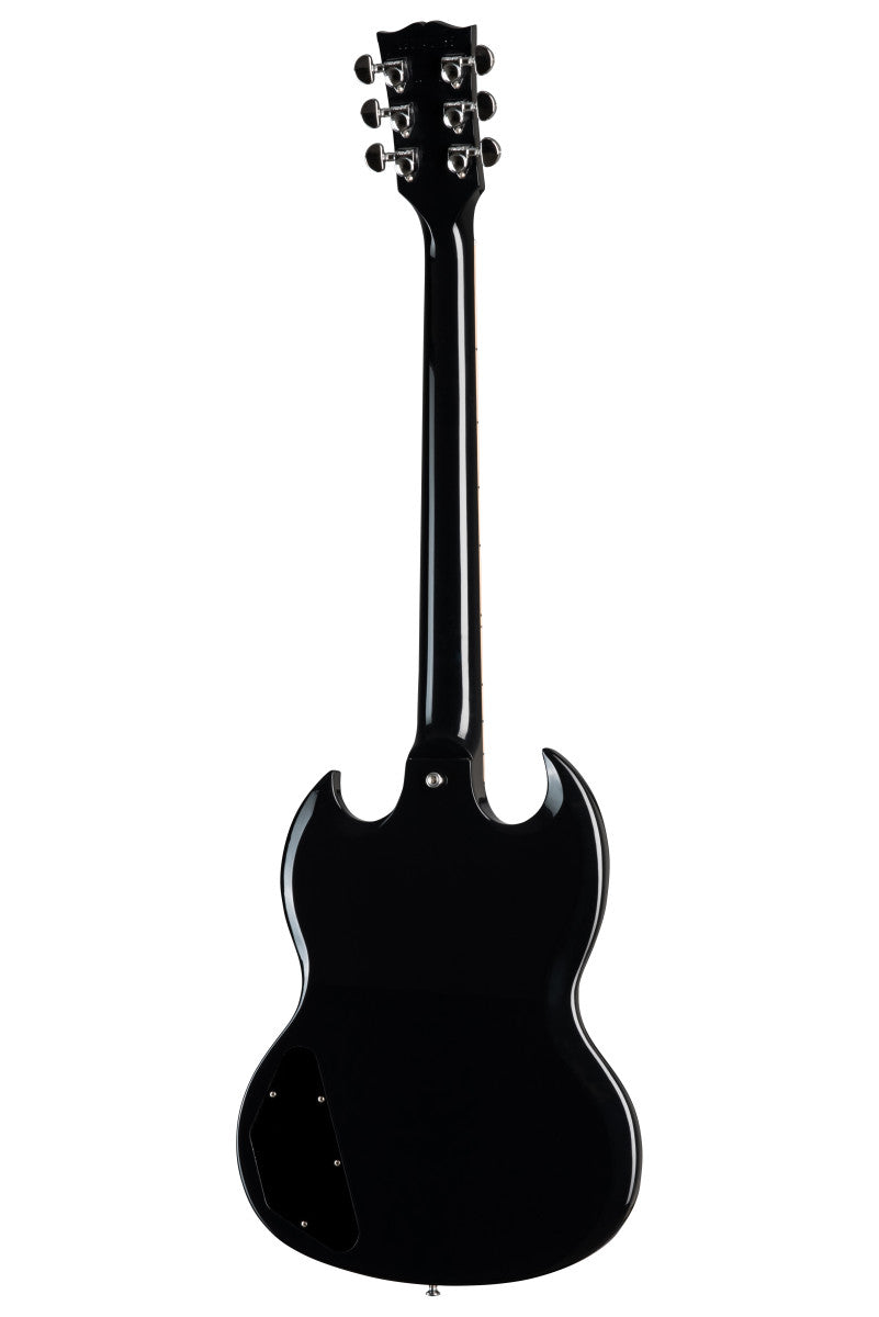 Rear view of a black Gibson electric guitar with a double-cutaway body, six tuning pegs, and a glossy finish.