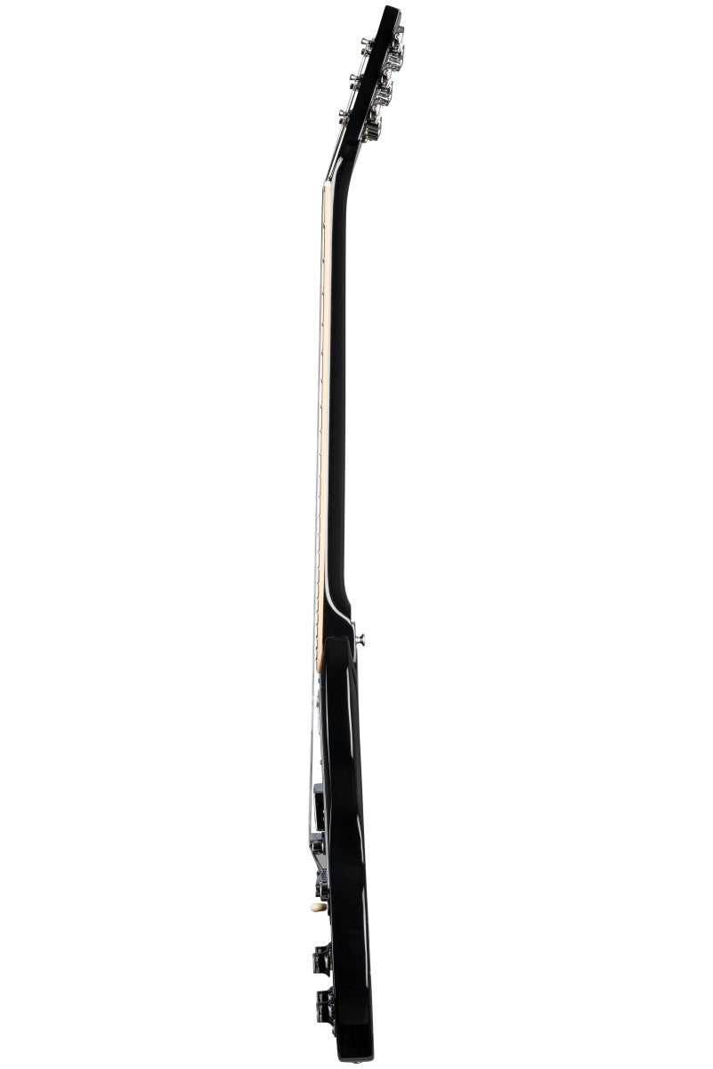 Side profile of a black Gibson electric guitar showing tuning pegs, neck, and body contour.