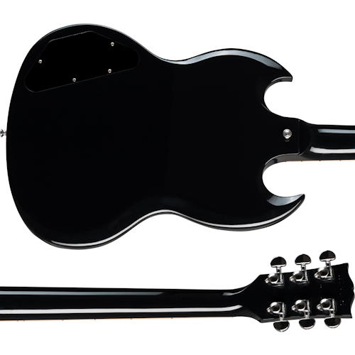 Glossy black Gibson electric guitar back and neck, showing chrome tuning pegs and a contoured double-cutaway body shape.